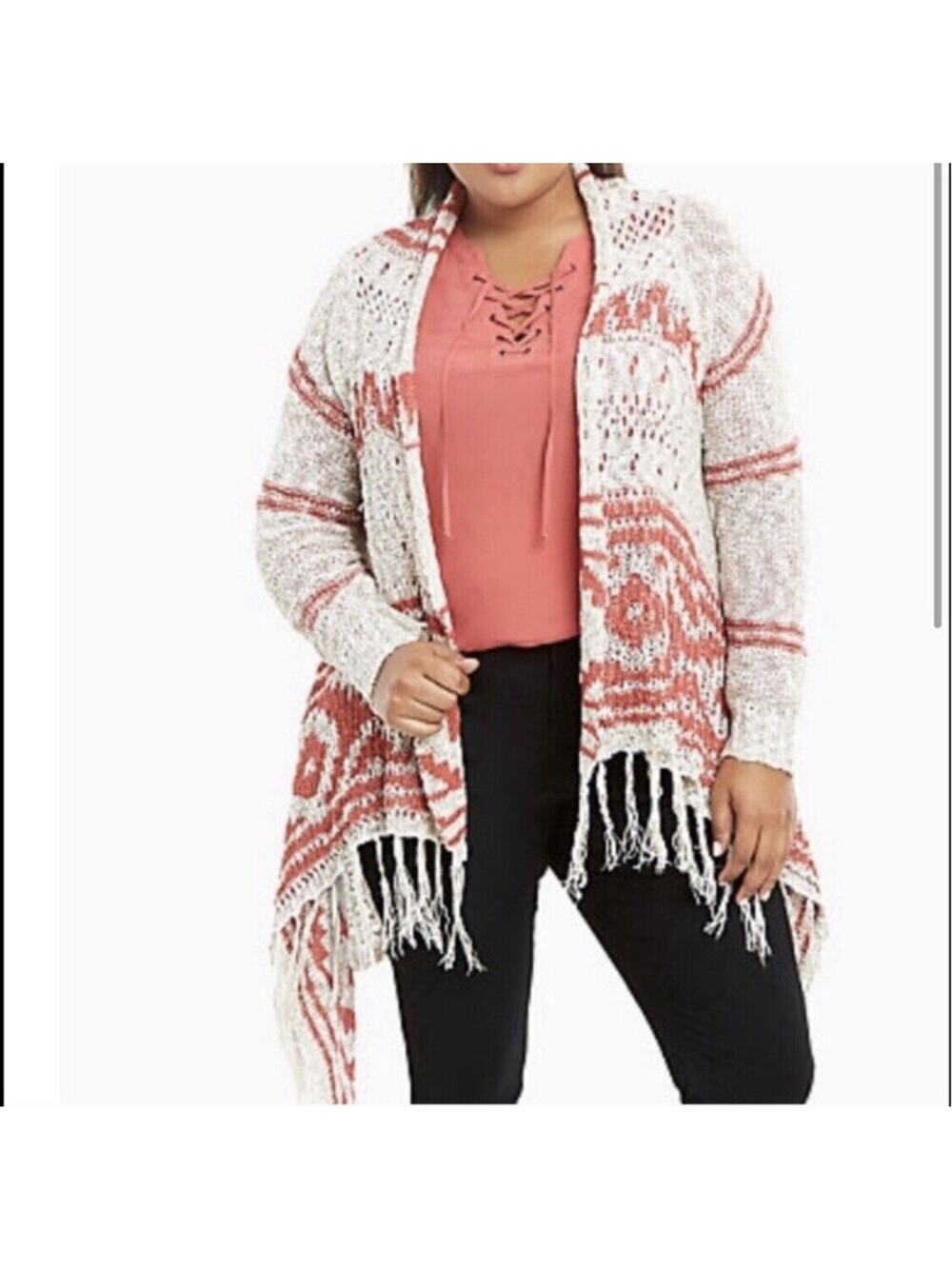 TORRID Tan Red Boho Southwest Draped Fringe Open Knit Sweater 00 Medium/Large